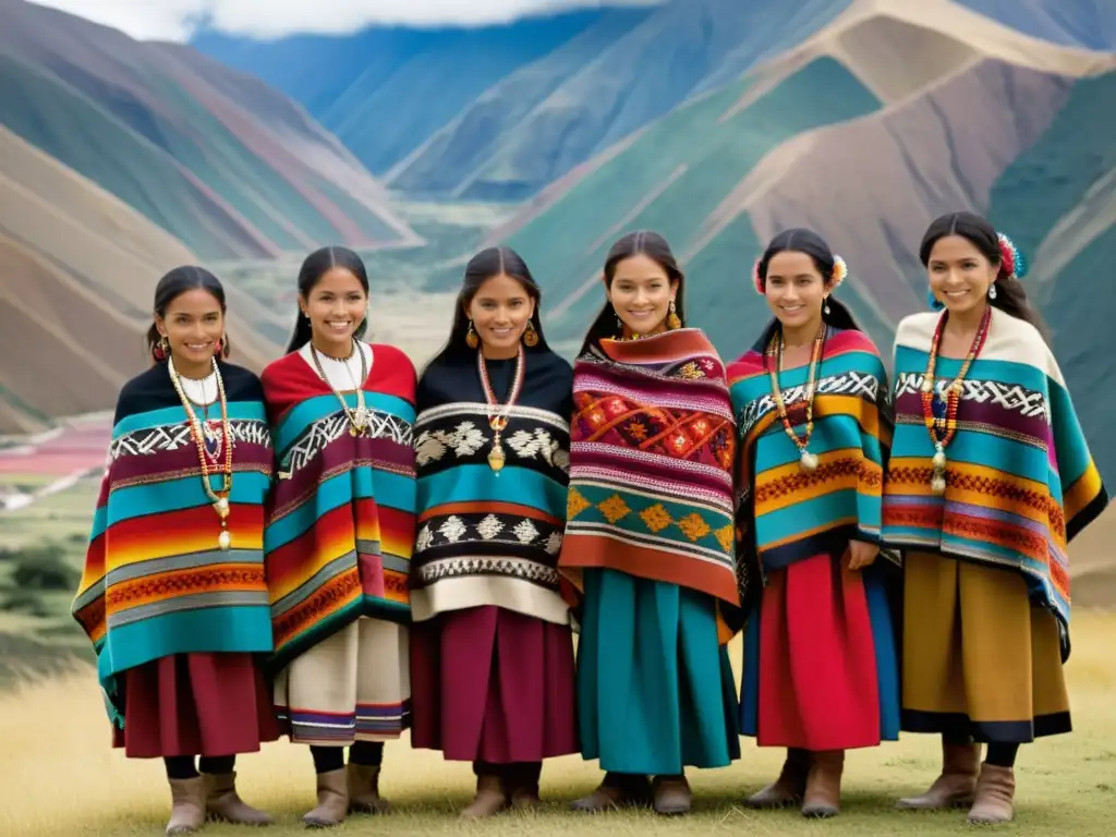 Grupo de mujeres andinas vistiendo coloridos textiles tradicionales con patrones artísticos moda Andes, en un paisaje montañoso