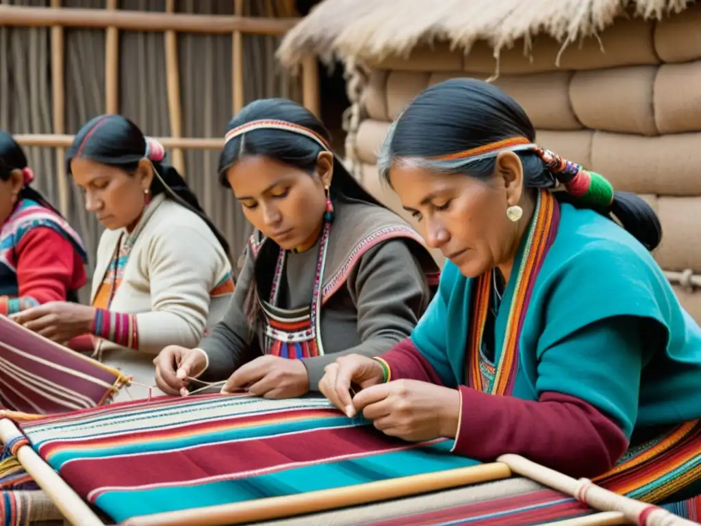 Un grupo de mujeres andinas tejen patrones textiles con técnicas tradicionales, rodeadas de coloridos hilos y tecnología moderna