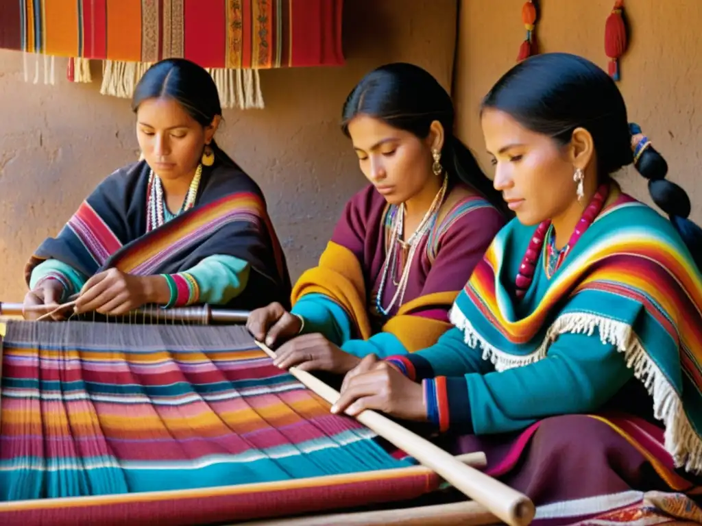 Un grupo de mujeres andinas teje patrones textiles en un telar, rodeadas de colores vibrantes y luz cálida, celebrando el festival Inti Raymi