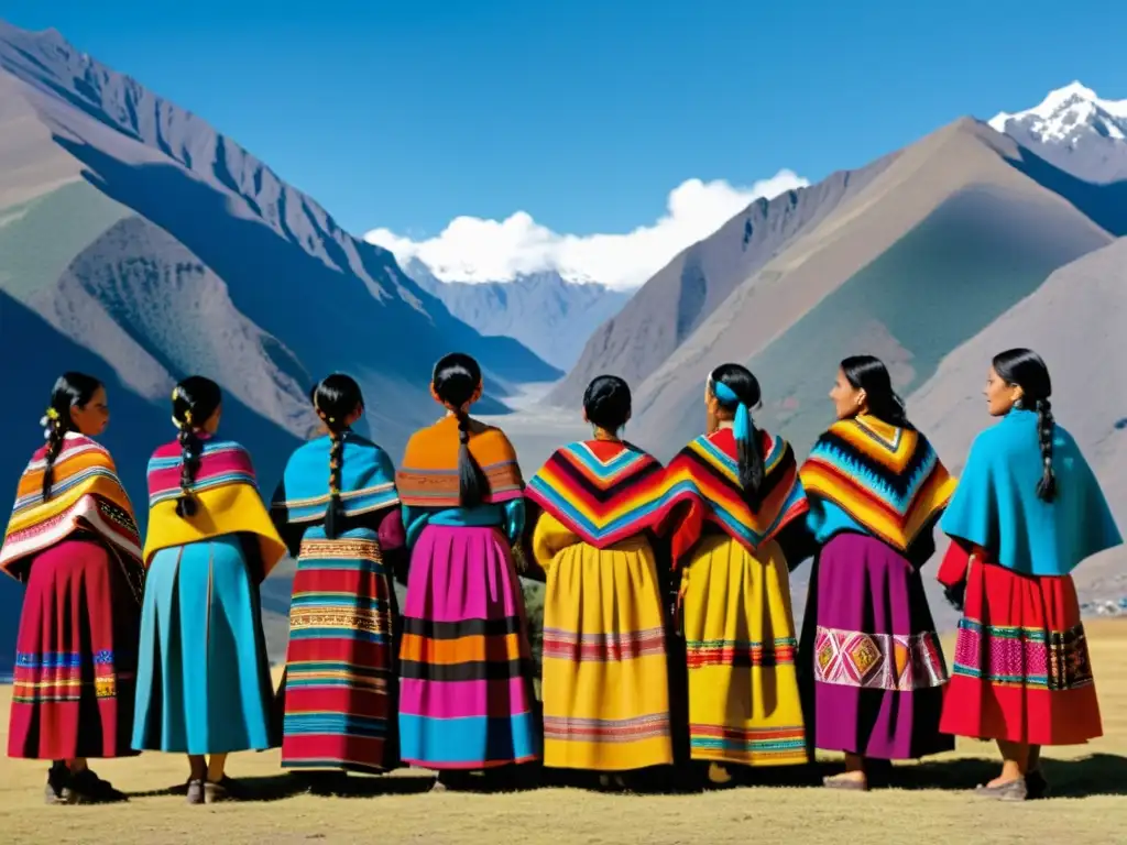 Grupo de mujeres andinas con patrones textiles festival Inti Raymi, vistiendo trajes tradicionales junto a montañas y cielo azul