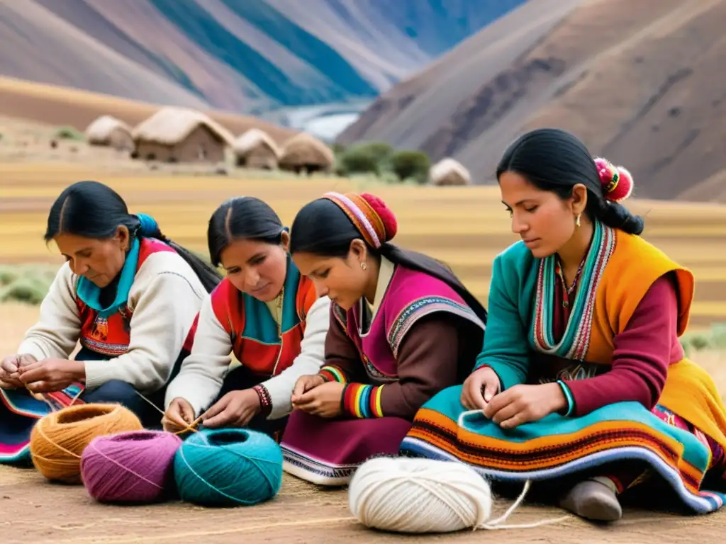 Un grupo de mujeres andinas teje con técnicas ancestrales en el Altiplano, rodeadas de coloridas madejas de lana