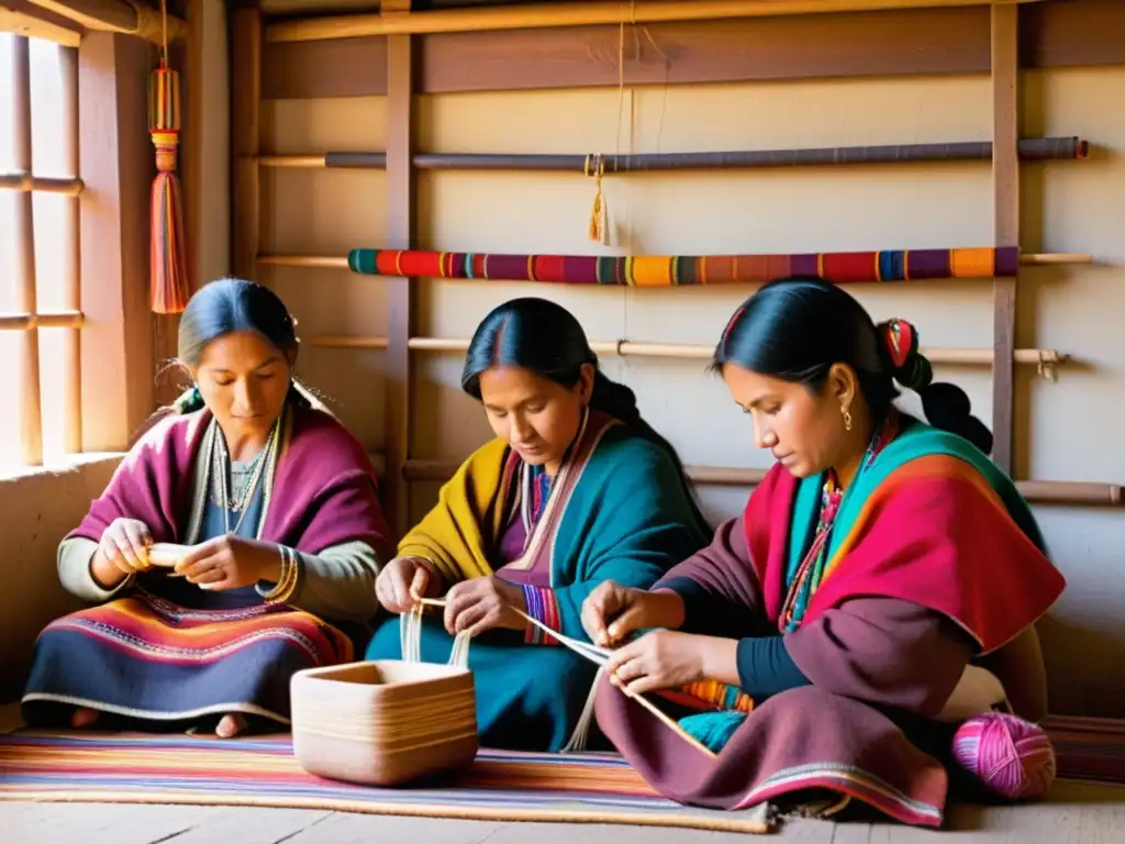 Un grupo de mujeres andinas teje telares tradicionales, rodeadas de hilos coloridos y vistiendo trajes vibrantes