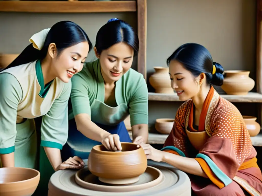 Grupo de mujeres asiáticas creando patrones cerámicos, resaltando su herencia cultural y papel en la historia