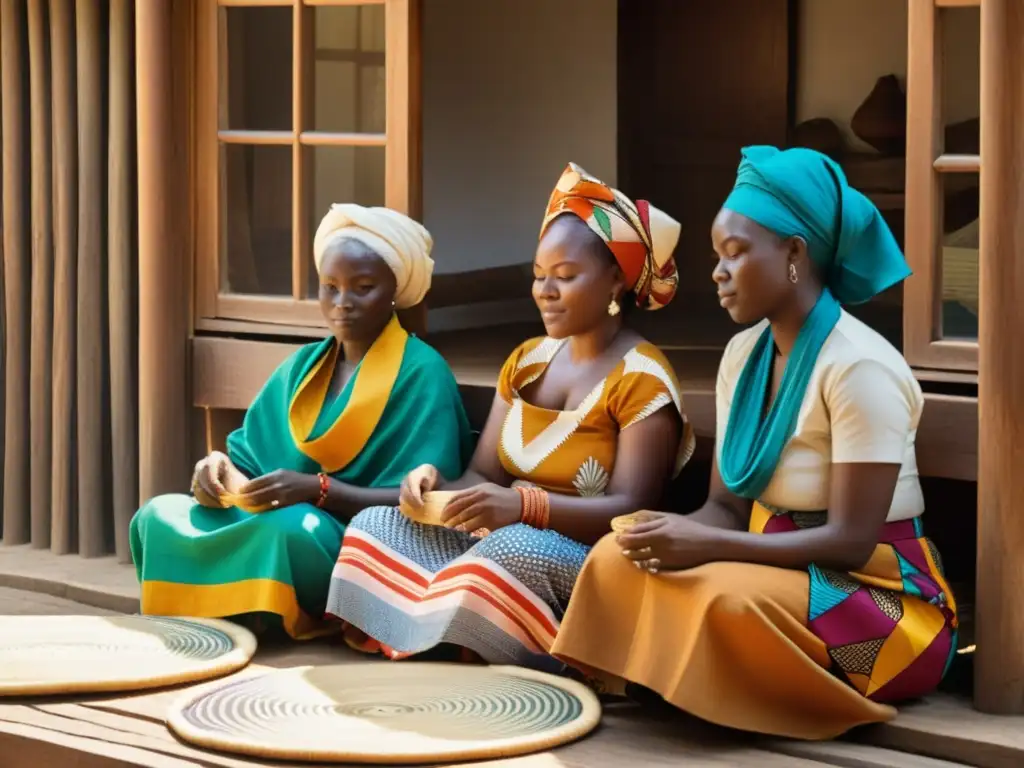 Un grupo de mujeres Yoruba teje AsoOke con destreza en telares de madera, envueltas en coloridas prendas y pañuelos