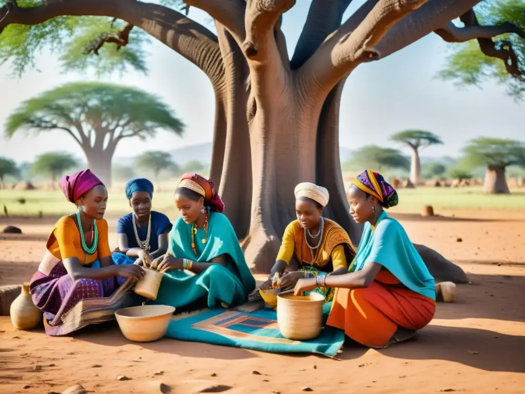 Grupo de mujeres Fulani tejiendo bajo el baobab, capturando la historia africana de los tejidos Fulani en su entorno natural