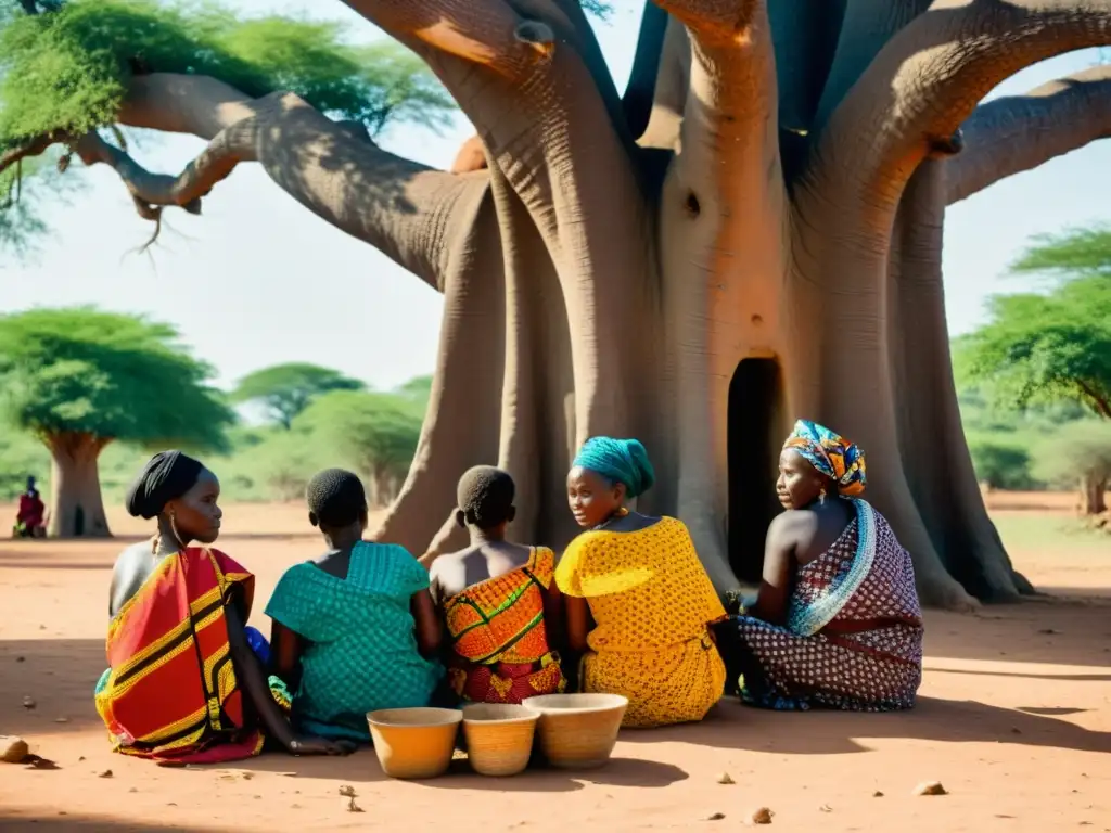 Un grupo de mujeres burkinesas teje motivos tradicionales bajo un baobab centenario en una escena de herencia cultural