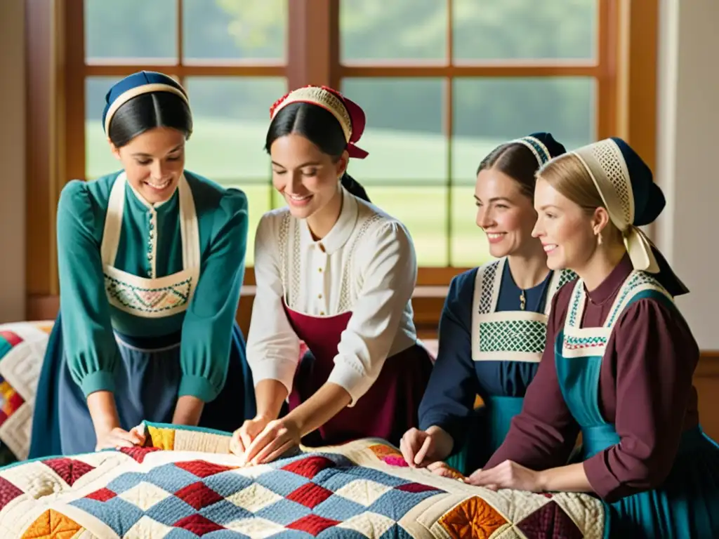 Grupo de mujeres Amish en círculo de quilting, con coloridos patrones de quilts