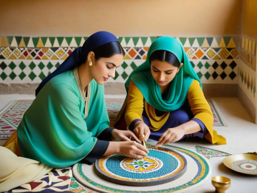 Un grupo de mujeres en la creación de mosaicos árabes, trabajando juntas en un patrón vibrante y detallado, bajo la cálida luz natural