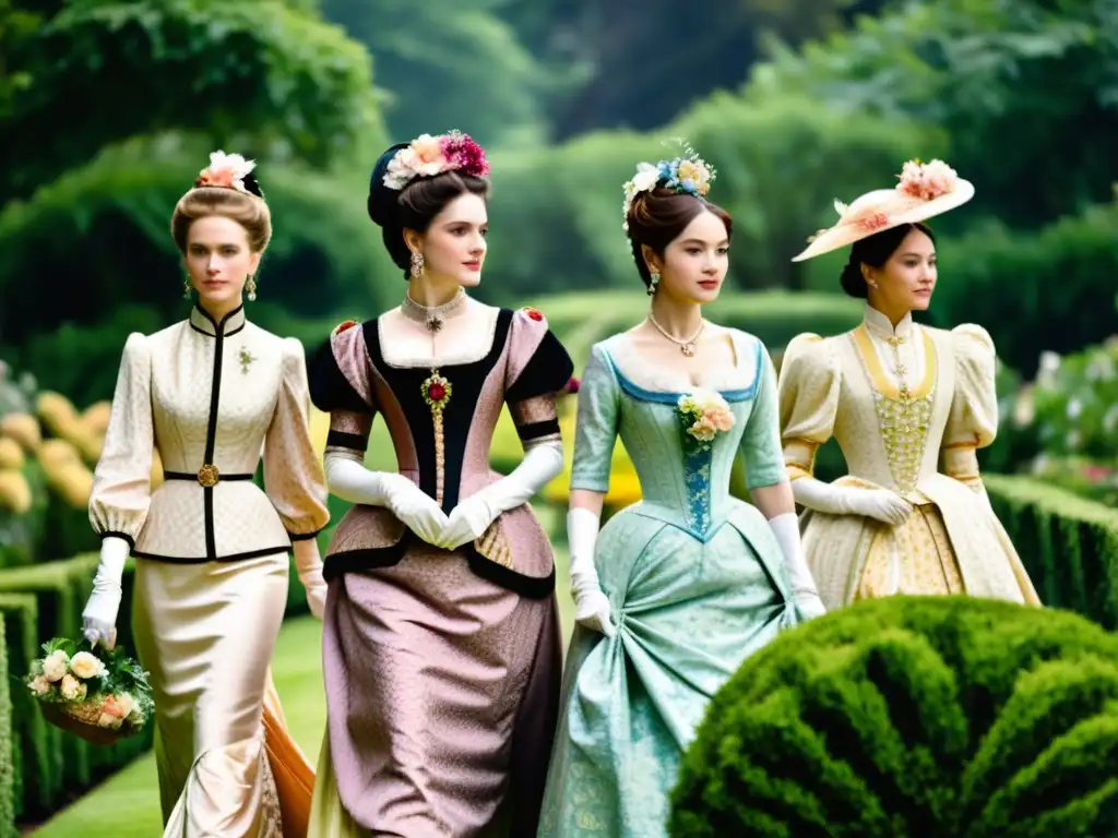 Grupo de mujeres elegantes paseando en un jardín exuberante, vistiendo moda del siglo XIX con patrones artísticos y colores vibrantes