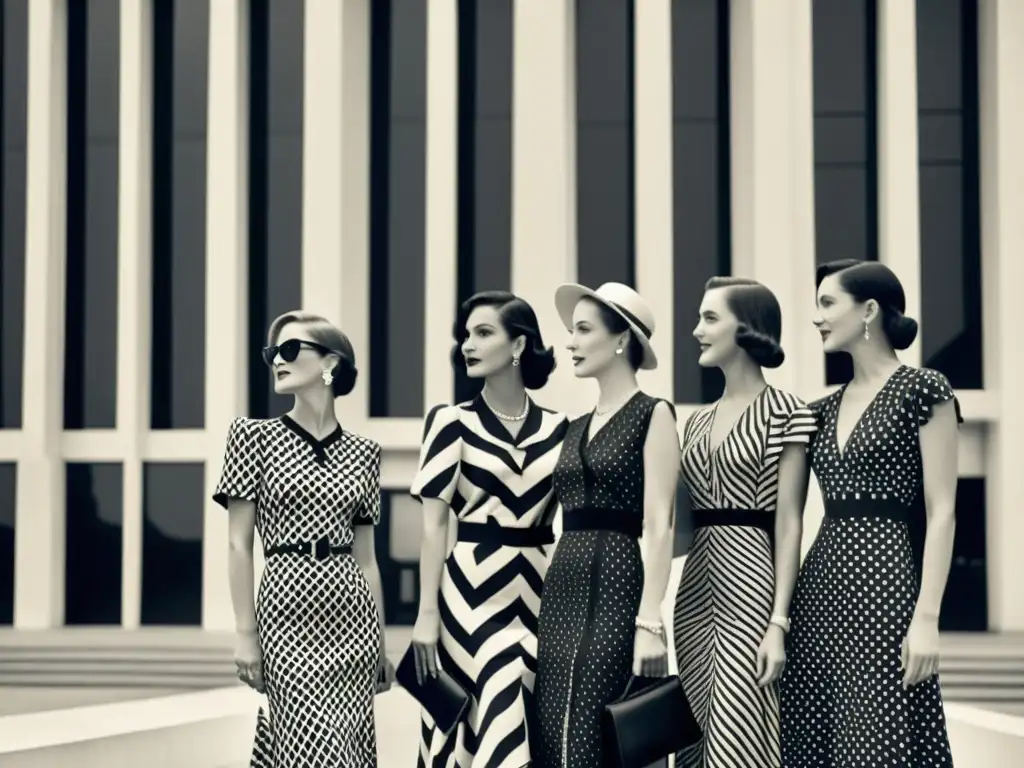 Grupo de mujeres elegantes con vestidos de patrones modernistas frente a un edificio art déco, capturando la moda contemporánea