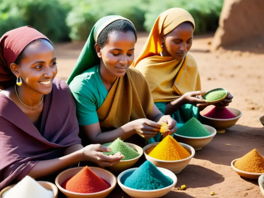 Grupo de mujeres etíopes tiñendo tejidos con tintes naturales al aire libre, mostrando la belleza de la tradición de tintes naturales tejidos etíopes