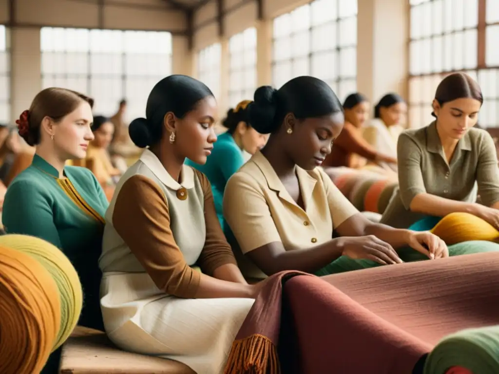 Grupo de mujeres en fábrica textil vintage, tejiendo patrones textiles revolución feminista