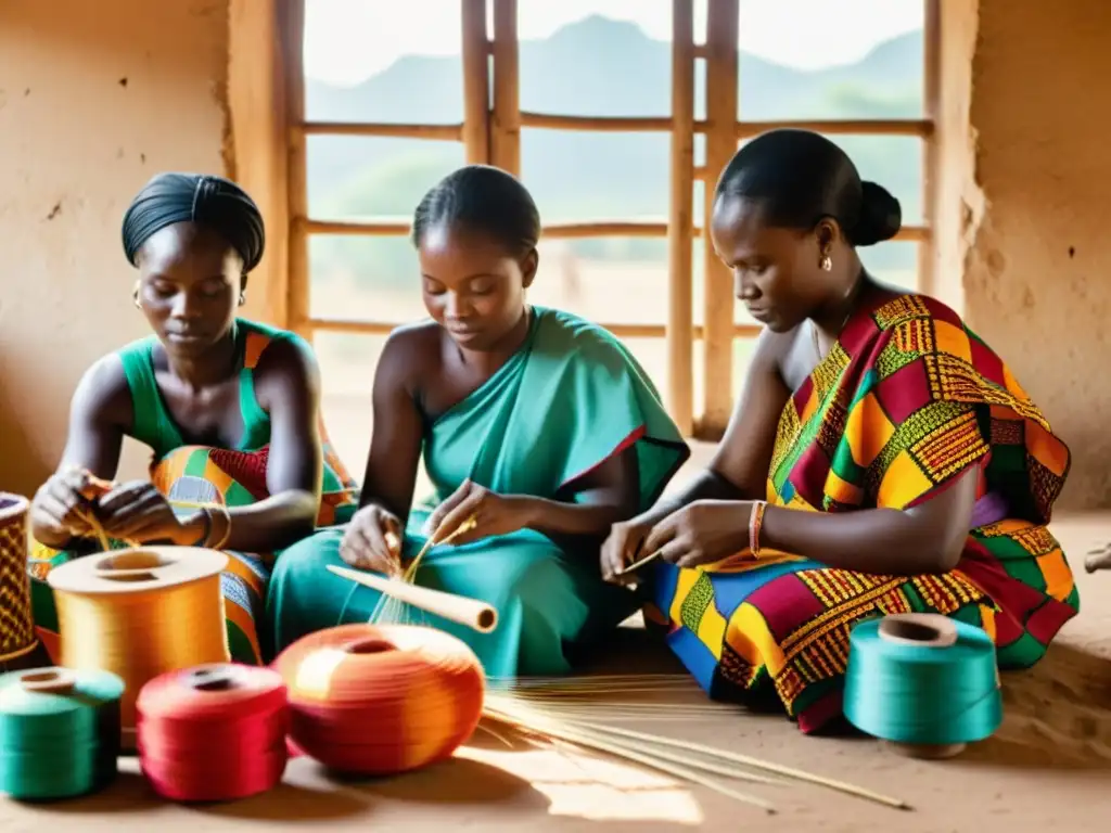 Un grupo de mujeres Ewe en Ghana tejiendo hermosos tejidos tradicionales, rodeadas de color y tradición bajo la cálido sol africano