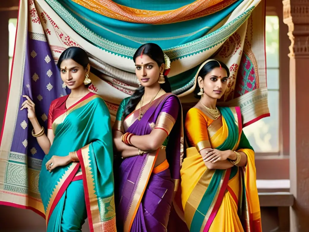 Un grupo de mujeres indias expertamente vistiendo saris coloridos y detallados, destacando las expresiones culturales en tejidos de la India