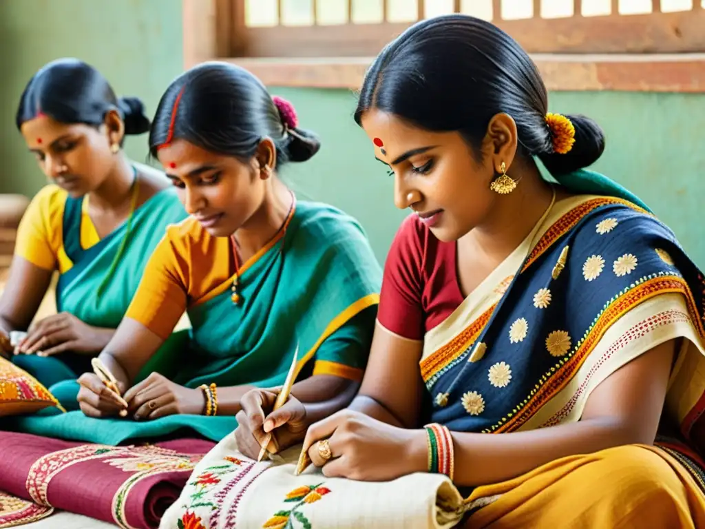 Grupo de mujeres indias bordando patrones coloridos de Kantha en tela reciclada, mostrando detalles de costura intrincados