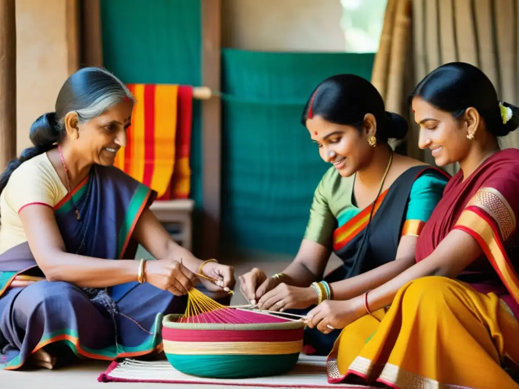 Un grupo de mujeres indias teje patrones textiles intrincados y coloridos, destacando el significado cultural y la resistencia social de esta tradición