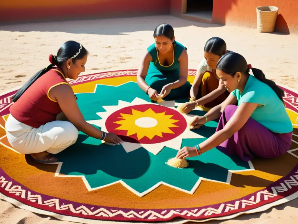 Grupo de mujeres indígenas creando una colorida alfombra de aserrín con simbolismo ancestral y tradicional