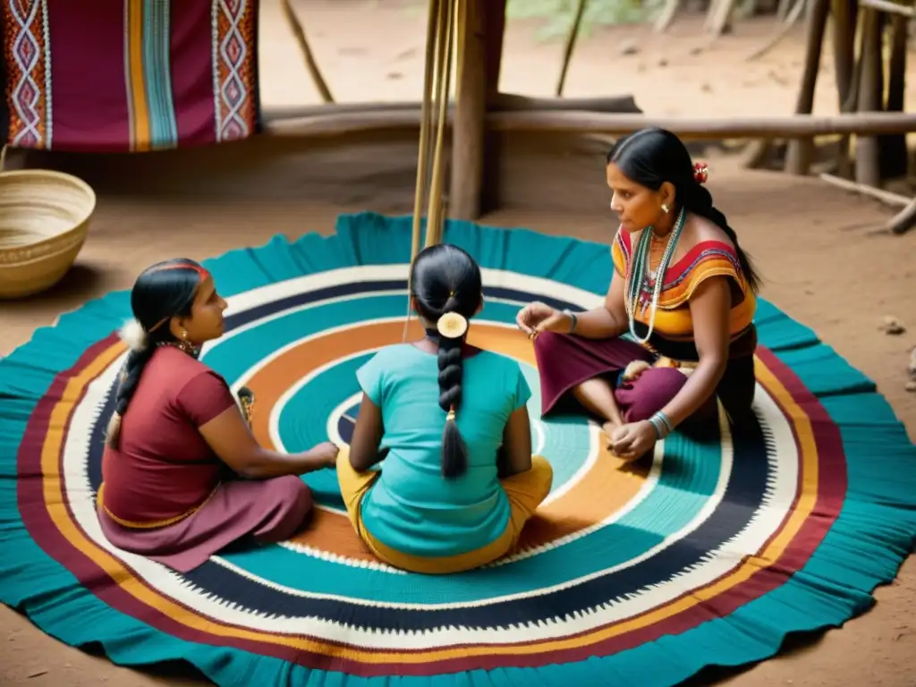 Grupo de mujeres indígenas tejiendo en comunidad, rodeadas de textiles vibrantes y patrones étnicos