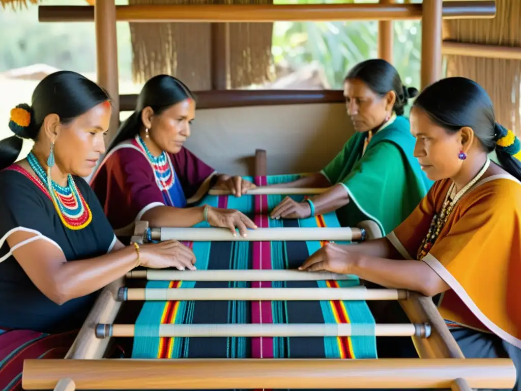 Grupo de mujeres indígenas tejiendo con destreza y orgullo, preservación de tejidos tradicionales por mujeres en vibrantes colores y texturas