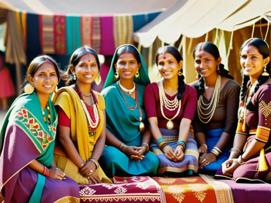 Grupo de mujeres indígenas de la India luciendo patrones textiles vibrantes y tradicionales en un bullicioso mercado