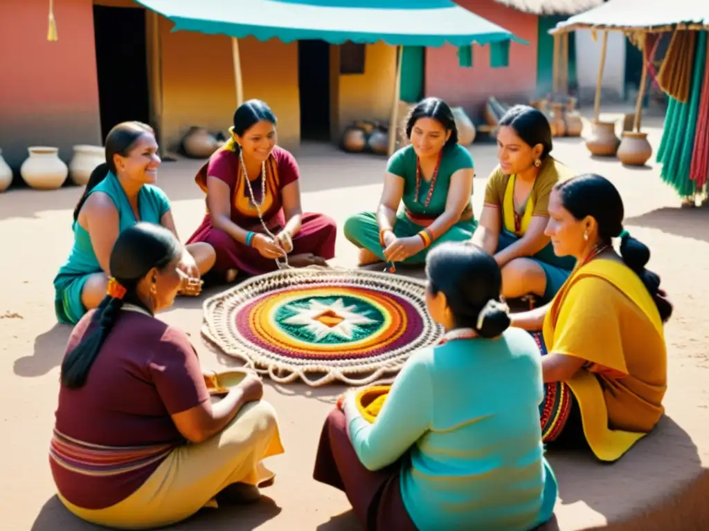 Grupo de mujeres indígenas creando macramé con hilos coloridos en escena comunitaria