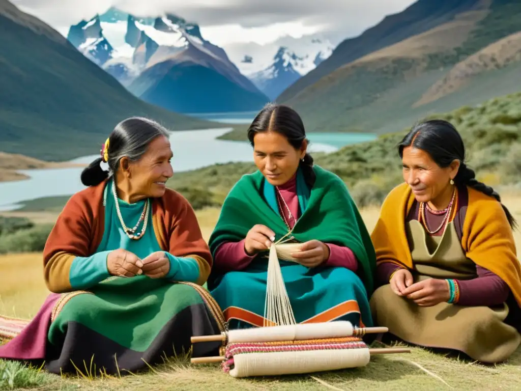 Un grupo de mujeres indígenas de la Patagonia teje con destreza tejidos patagónicos impacto cultural, rodeadas de un paisaje natural impresionante