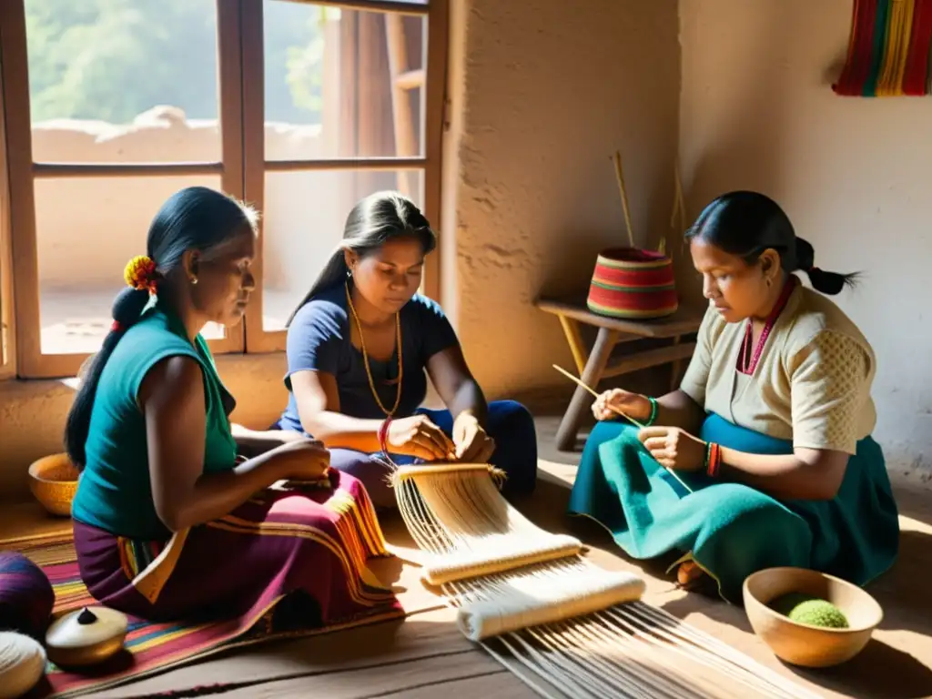 Arte Textil: Mujeres Indígenas Tejiendo Grupo de mujeres indígenas tejiendo patrones textiles como embajadores culturales en escena cálida y detallada