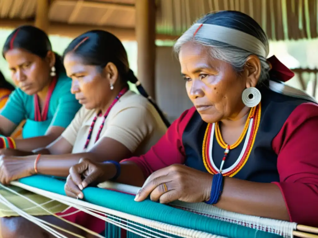 Mujeres indígenas tejiendo textiles tradicionales Grupo de mujeres indígenas tejiendo patrones textiles con impacto en comunidades indígenas