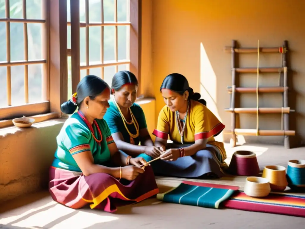 Grupo de mujeres indígenas tejiendo patrones tradicionales, preservación rentable del arte textil indígena en escena con hilos y tintes naturales