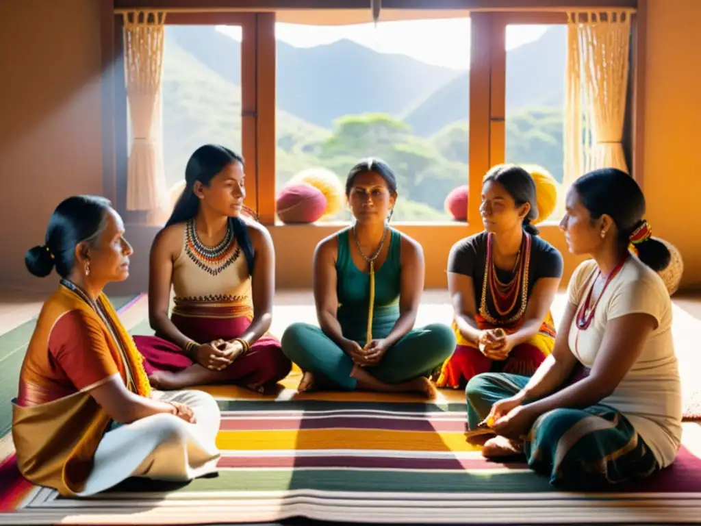 Grupo de mujeres indígenas tejiendo en telares tradicionales, preservación de tejidos tradicionales por mujeres en ambiente cálido y sereno