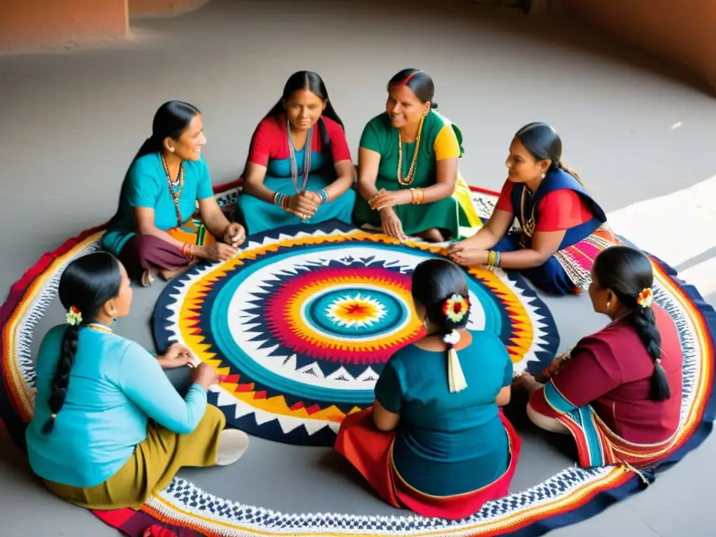 Tejedoras indígenas creando textiles coloridos Un grupo de mujeres indígenas teje textiles coloridos con destreza, mostrando el impacto de esta antigua tradición en sus comunidades