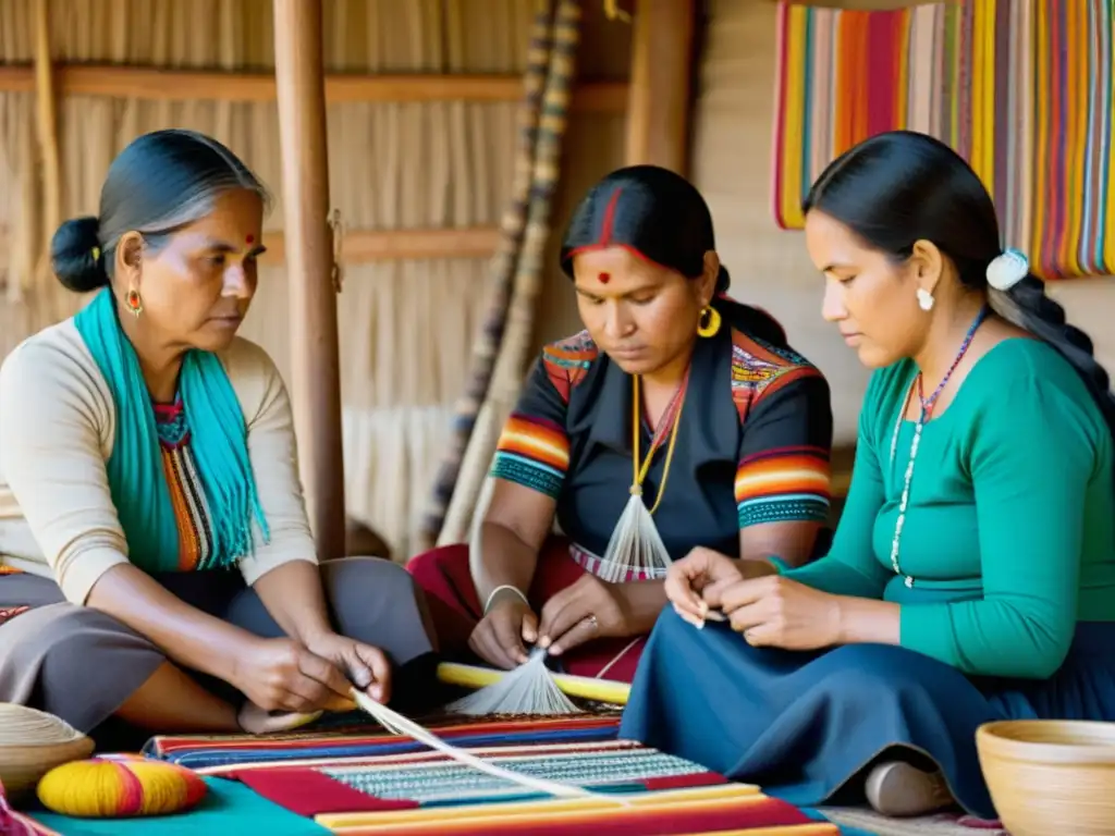 Artesanas indígenas tejiendo textiles: tradición y color Grupo de mujeres indígenas tejiendo textiles con impacto en comunidades indígenas, rodeadas de colores y patrones tradicionales
