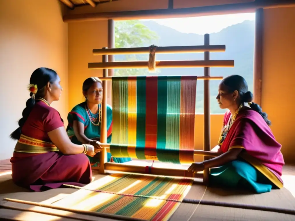 Grupo de mujeres indígenas tejiendo en telar tradicional, preservación de tejidos tradicionales por mujeres en ambiente cálido y colorido