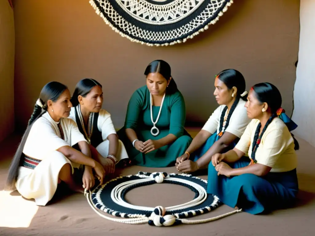 Un grupo de mujeres indígenas en vestimenta tradicional realizando intrincadas técnicas de macramé con vibrantes hilos