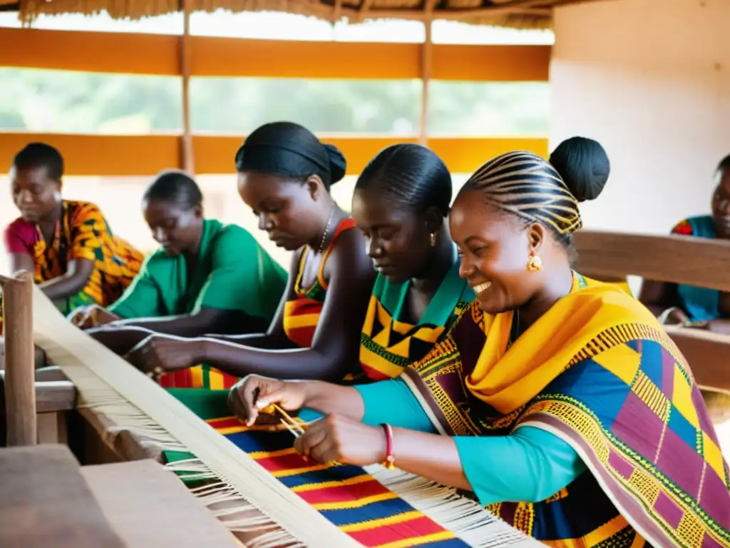 Un grupo de mujeres Ewe en Ghana tejiendo Kente con narrativas visuales en tejidos de Ghana