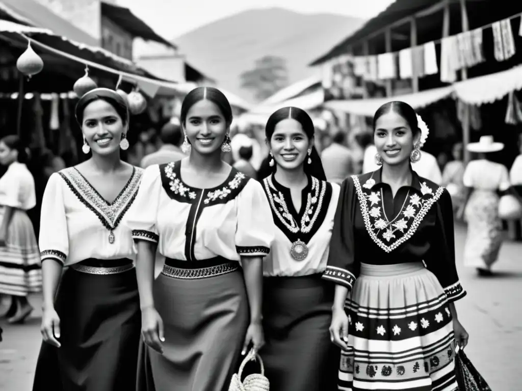 Un grupo de mujeres latinoamericanas elegantes muestra la influencia latina en la moda, en un bullicioso mercado con textiles y artesanías vibrantes