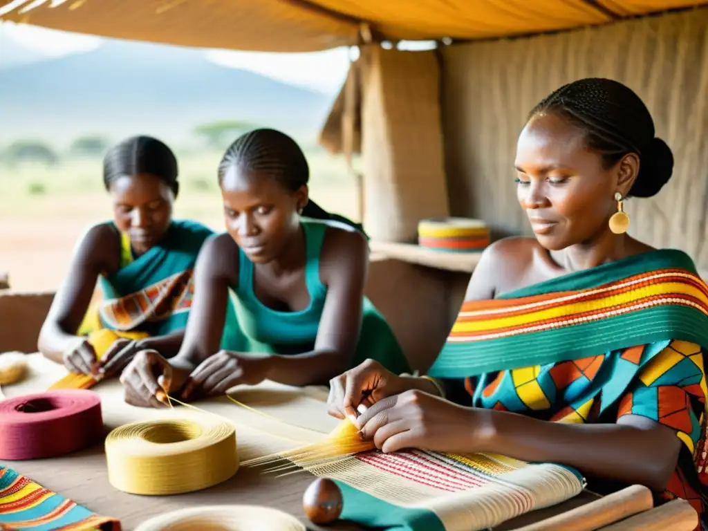 Grupo de mujeres de la tribu Lozi de Zambia tejiendo patrones tradicionales en telares de mano, rodeadas de coloridos hilos y telas