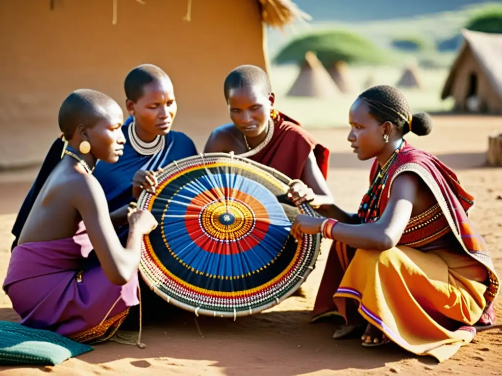 Un grupo de mujeres Masai tejiendo telas coloridas bajo la cálida luz del sol, mostrando la evolución de los patrones Masai