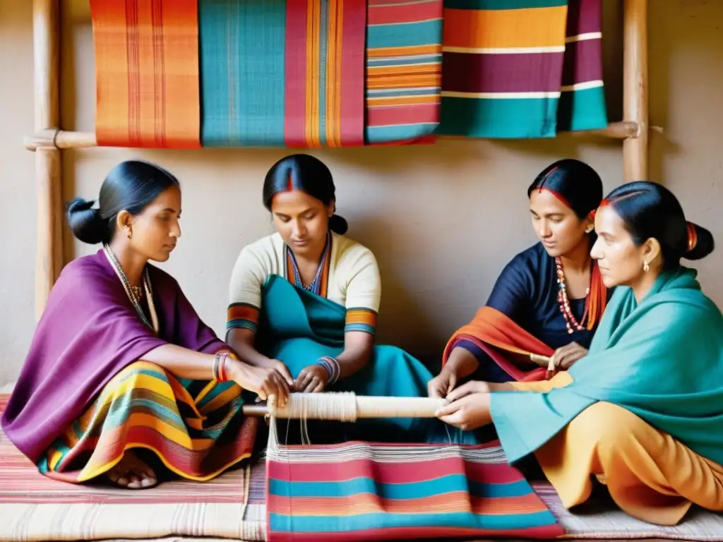 Grupo de mujeres Ewe tejiendo motivos étnicos en vibrantes telas tradicionales, evocando artesanía y herencia cultural