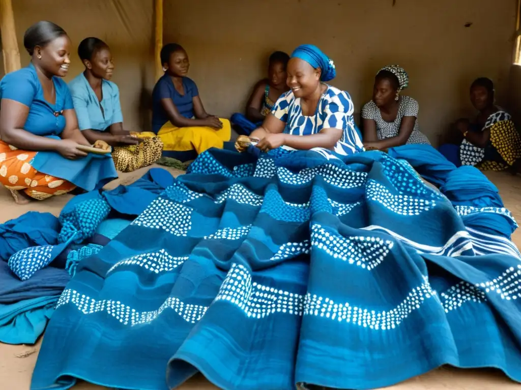 Un grupo de mujeres nigerianas expertas en prácticas textiles Adire Nigeria supervivencia, creando hermosos diseños de tela con tinte índigo natural