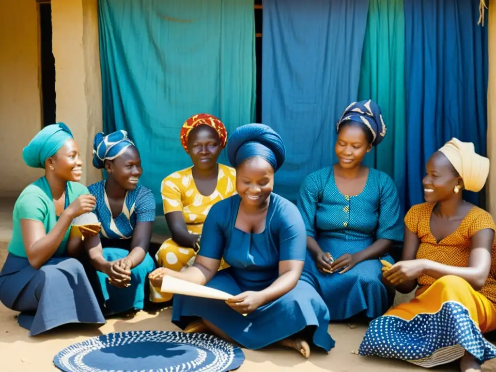 Grupo de mujeres nigerianas tejiendo textiles Adire con tintes naturales, evocando la supervivencia y herencia cultural