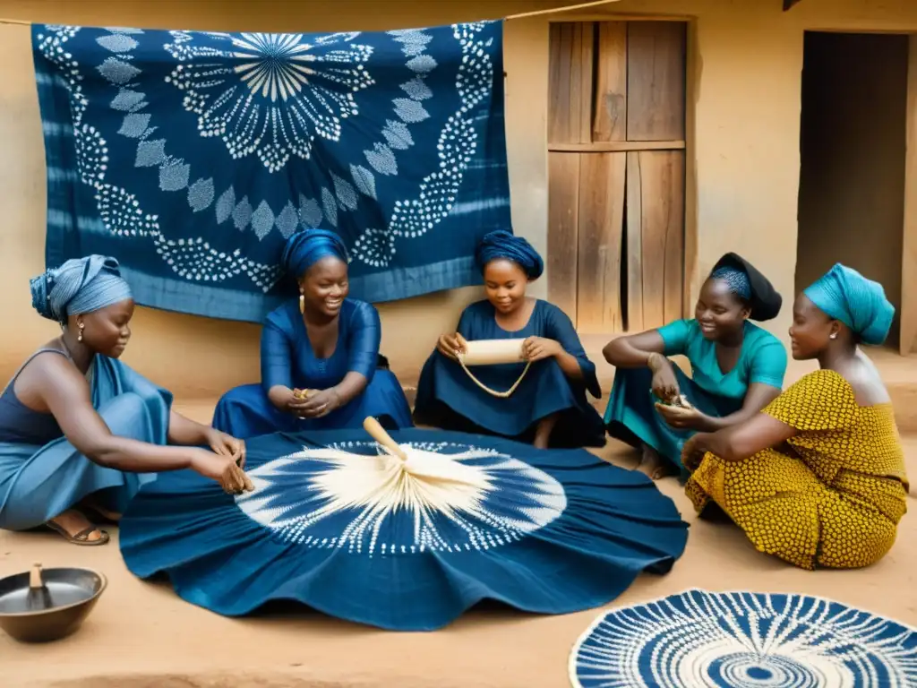 Un grupo de mujeres nigerianas teñiendo textiles Adire con técnicas tradicionales, mostrando la supervivencia de las prácticas textiles en Nigeria