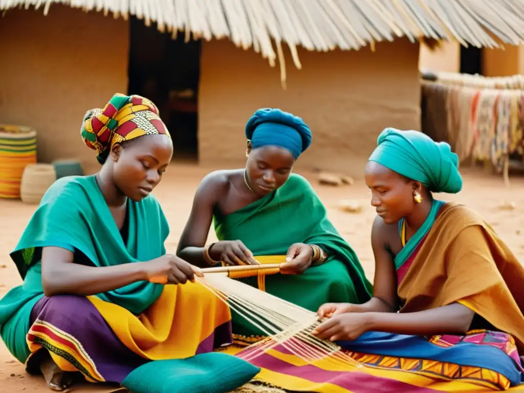 Tejiendo tela Ewe: Mujeres africanas en acción Grupo de mujeres en África Occidental tejiendo tela Ewe colorida en telares tradicionales, destacando la rica historia textil de la región