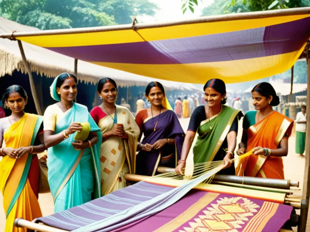 Un grupo de mujeres teje patrones y colores de sarees de Bengal en un bullicioso mercado, destacando la rica tradición cultural