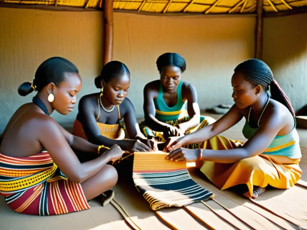 Un grupo de mujeres Kuba teje meticulosamente patrones en tela Kuba en el Congo, rodeadas de hilos vibrantes y telares de madera