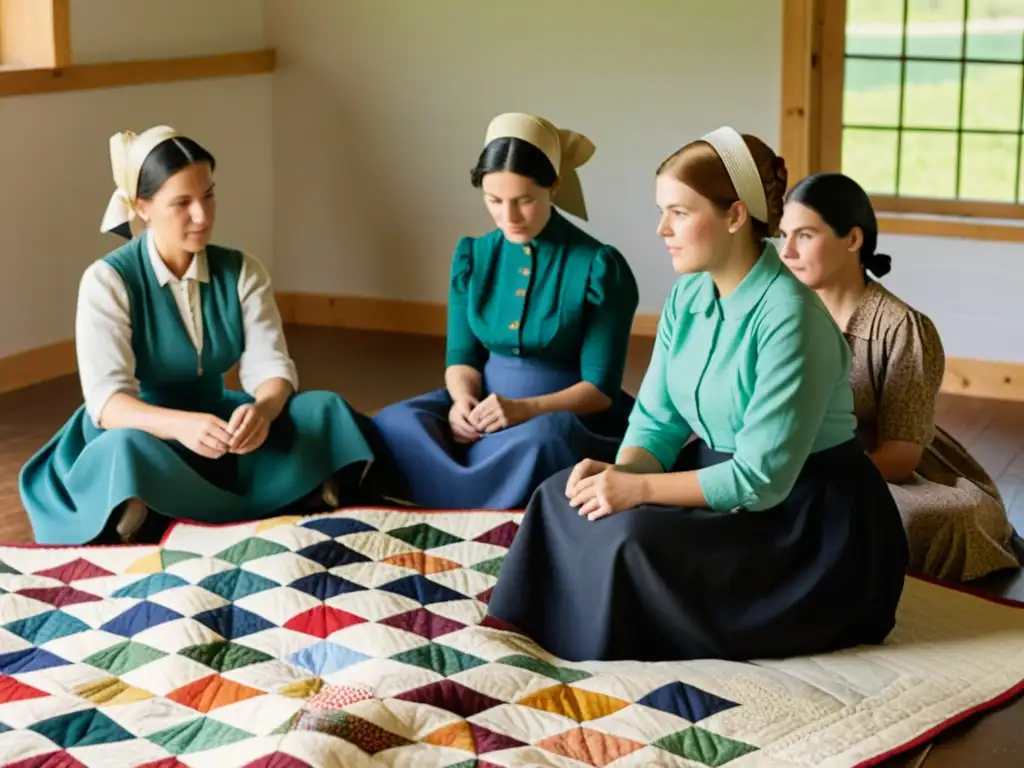 Grupo de mujeres Amish cosiendo patrones de quilts en celebraciones tradicionales, rodeadas de luz natural y vestidas con atuendos modestos