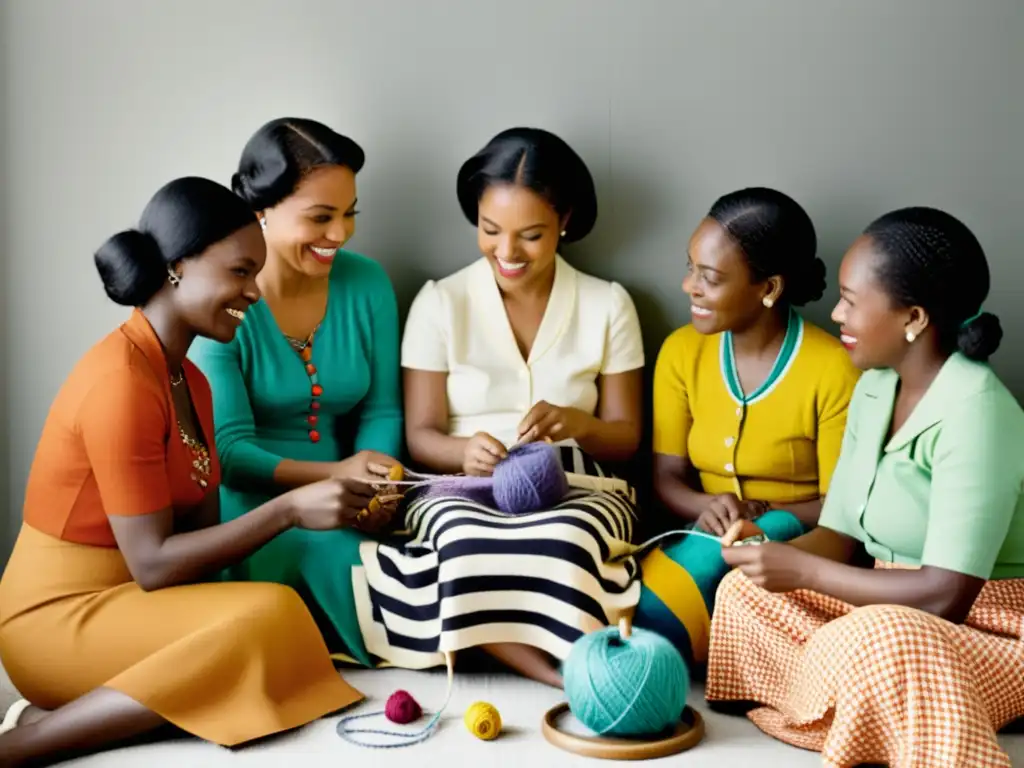 Grupo de mujeres tejiendo patrones textiles, evocando la revolución feminista del siglo XX