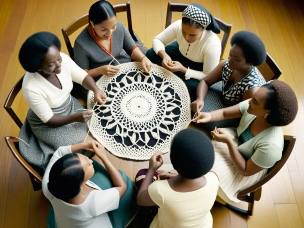 Grupo de mujeres diversas tejiendo patrones textiles en círculo, representando la unidad en la revolución feminista