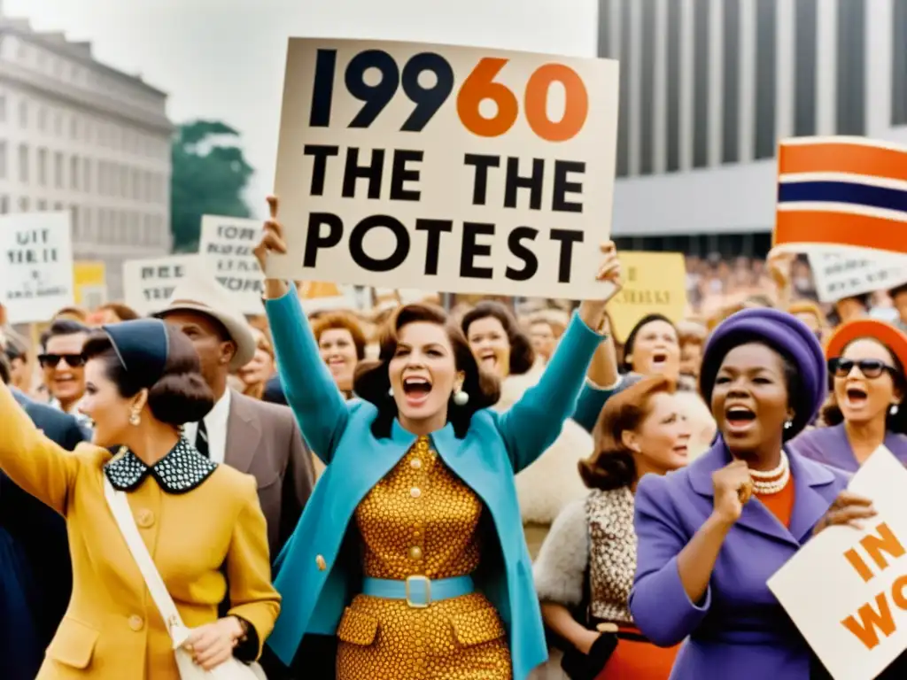 Grupo de mujeres en protesta en los años 60, luciendo patrones de moda como protesta, con mensajes poderosos en pancartas