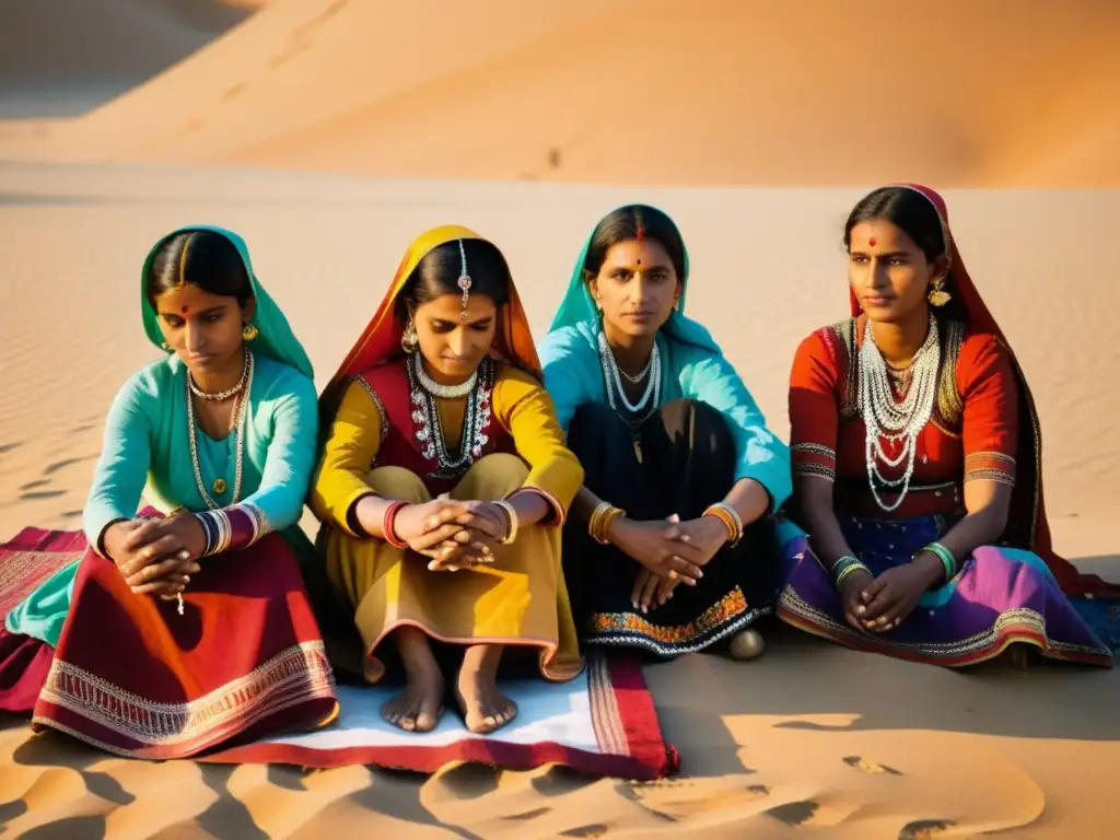 Grupo de mujeres Rabari cosiendo textiles en el desierto de Kutch, reflejando la cultura nómada y la artesanía textil vibrante